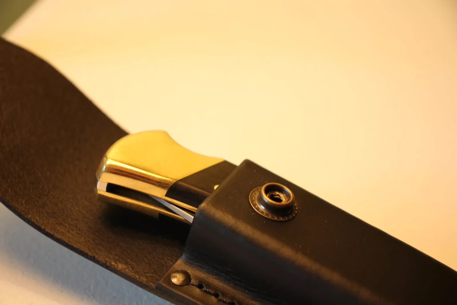 Brass pommel of Buck 110 protruding from the top of the leather sheath, snap closed