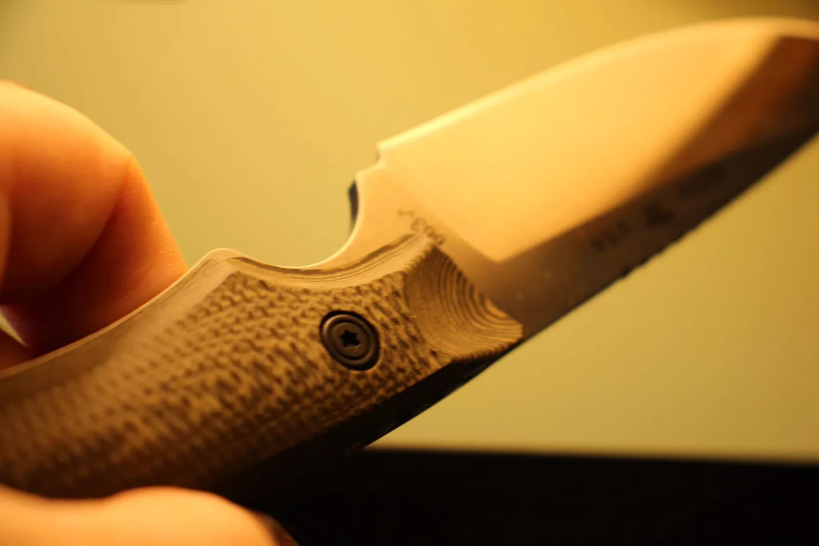 G10 handle close-up showing the diamond/herringbone texture and Torx screw