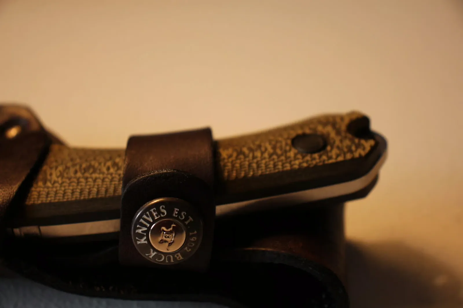 Snap retention strap close-up — "BUCK KNIVES EST 1902" stamped