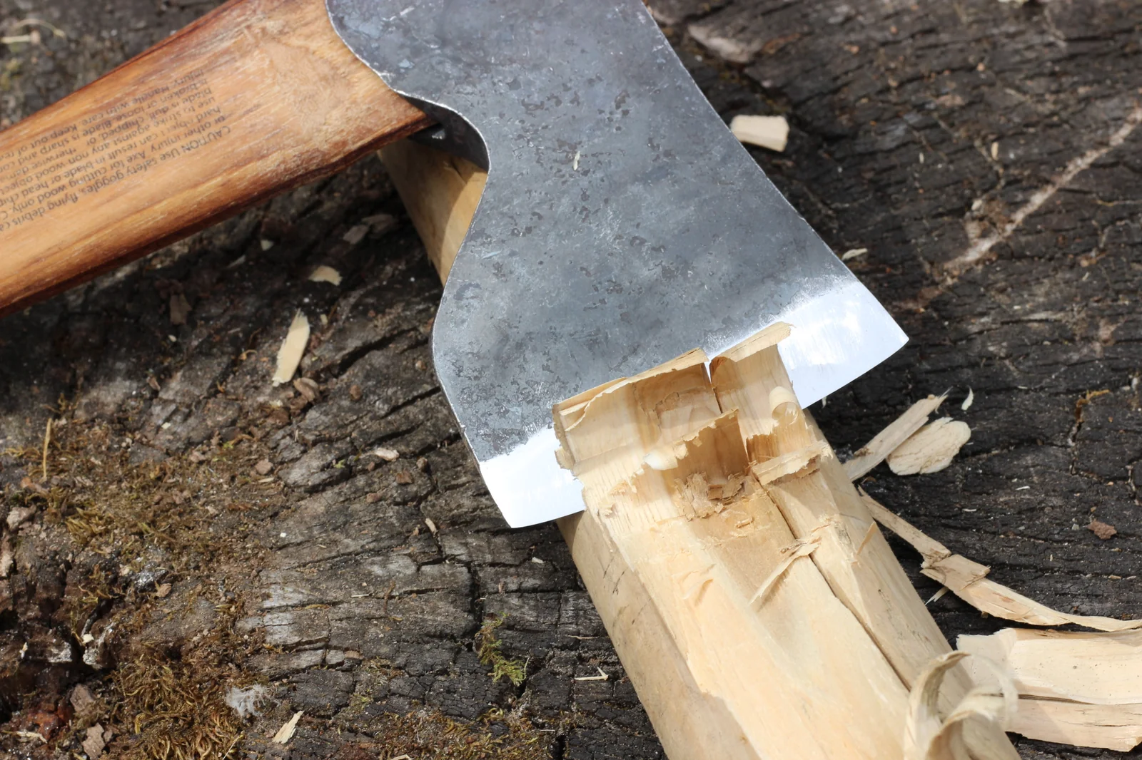 Side view of the axe head splitting a piece of kindling on top of a tree stump showing the wood splitting open under the polished edge